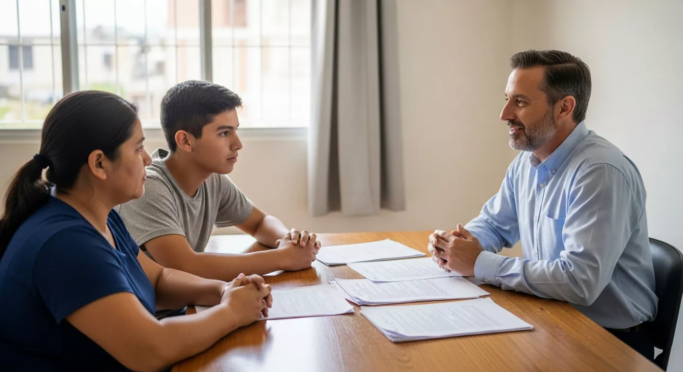 Trabajadora social orientando a una familia en una reunión profesional